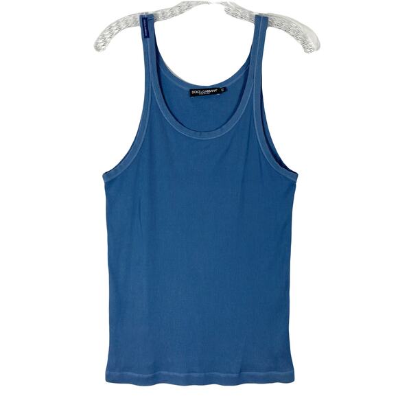 nwot DOLCE&GABBANA Tank Top 52 Stretch ITALY Blue Logo Patch Ribbed Cotton - Picture 1 of 9